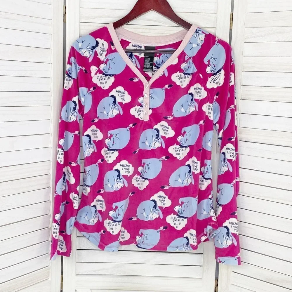 Disney Eeyore Velour Lounge Sleep Shirt Pink Medium Long Sleeve Pullover - Picture 7 of 11